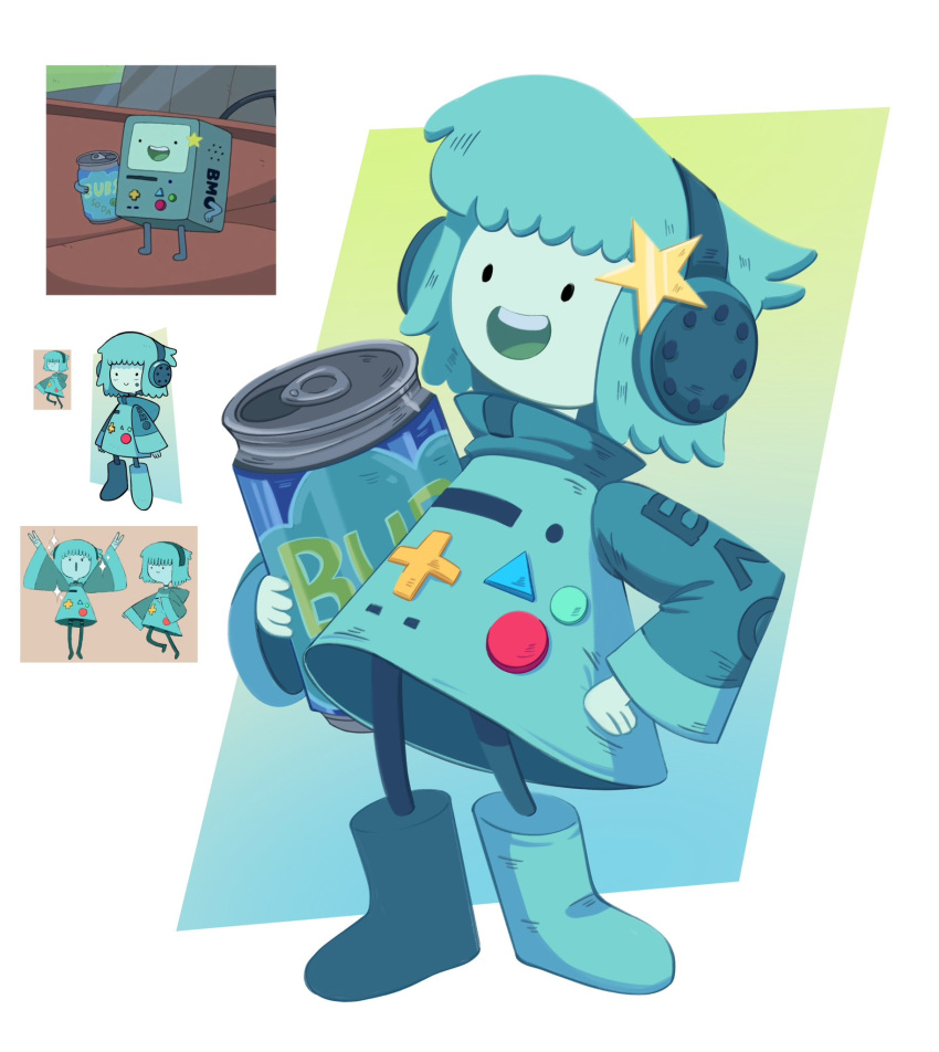 1girl adventure_time aqua_dress aqua_footwear aqua_hair aqua_skin bmo boots can dress hair_ornament headphones highres holding holding_can long_sleeves no_nose open_mouth pichichustudio reference_inset smile solo star_(symbol) star_hair_ornament wide_sleeves