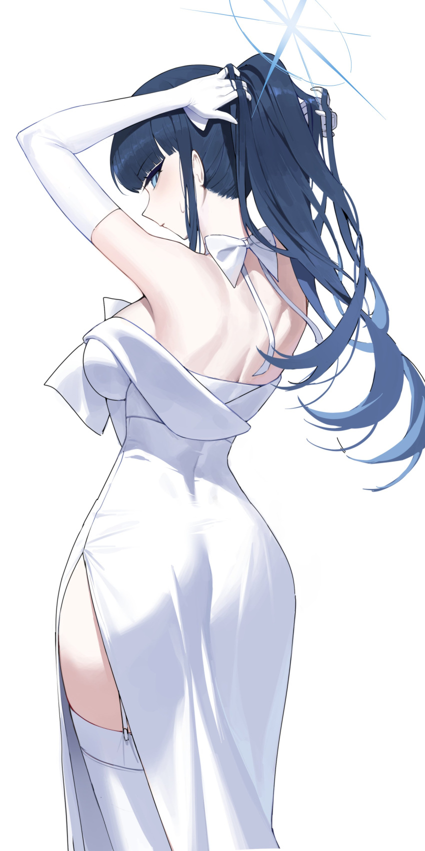 absurdres black_hair blue_archive blue_eyes dress elbow_gloves from_behind gloves halo highres ribbon saori_(blue_archive) saori_(dress)_(blue_archive) sbgu thighhighs three_quarter_view tying_hair white_dress white_ribbon white_thighhighs