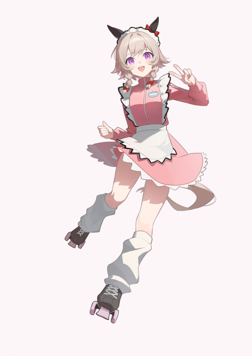 1girl :d absurdres animal_ears bow curren_chan_(umamusume) ear_bow ear_covers full_body grey_eyes grey_hair highres horse_ears horse_girl inline_skates jacket kro_(kroooxd) long_sleeves loose_socks official_alternate_costume pink_jacket pink_skirt purple_eyes red_bow roller_skates short_hair simple_background skates skirt smile socks solo track_jacket umamusume v white_socks