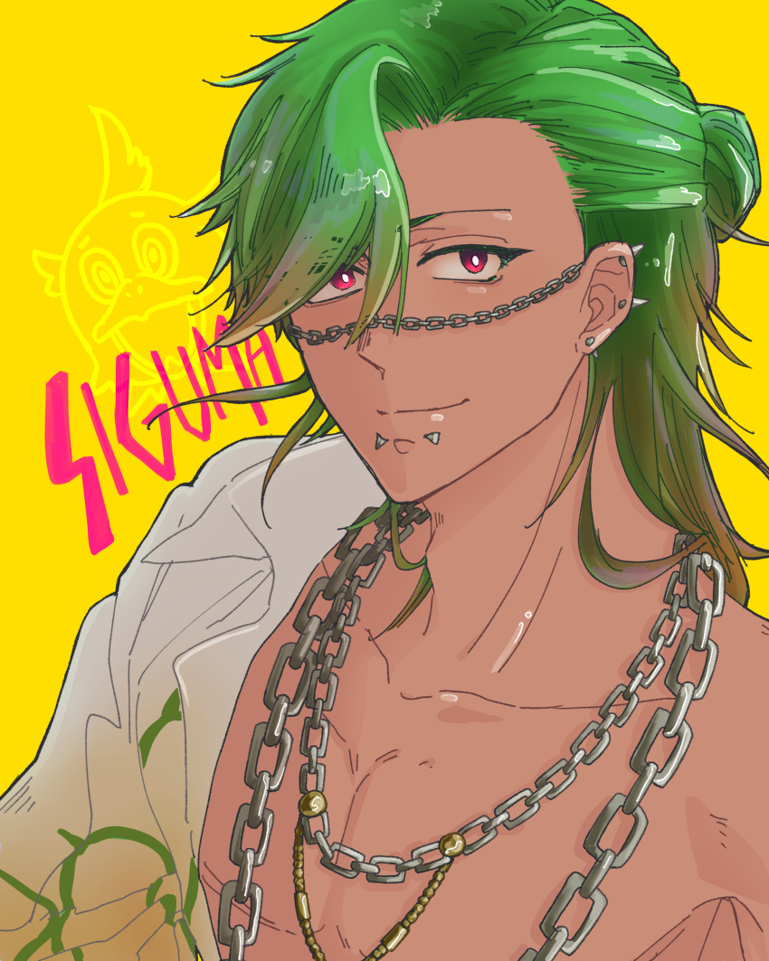 1boy absurdres bucchigiri?! chain collarbone ear_piercing green_hair highres jewelry lip_piercing long_hair looking_at_viewer male_focus marito_jin mastubada_(mtn_akr) necklace piercing red_eyes shirt solo upper_body white_shirt yellow_background