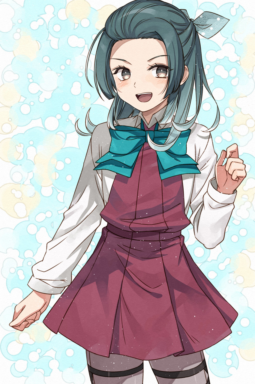 1girl absurdres aqua_bow aqua_bowtie bow bowtie dress forehead gradient_background gradient_hair green_background green_hair grey_pantyhose hair_ribbon highres kanmiya_shinobu kantai_collection long_hair long_sleeves medium_hair multicolored_hair open_mouth pantyhose pleated_dress polka_dot polka_dot_ribbon ribbon school_uniform shirt smile solo suzunami_(kancolle) white_ribbon white_shirt