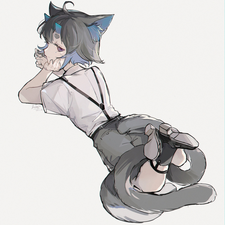 1boy animal_ear_fluff animal_ears ankle_boots artist_name black_footwear black_hair blue_hair boots cat_ears child collared_shirt demon_horns dokex_xx grey_shorts grey_tail head_on_hand highres horns lying male_focus mole mole_under_eye multicolored_hair multiple_tails on_stomach original purple_eyes shirt short_hair shorts simple_background solo suspenders tail two-tone_hair white_background white_shirt