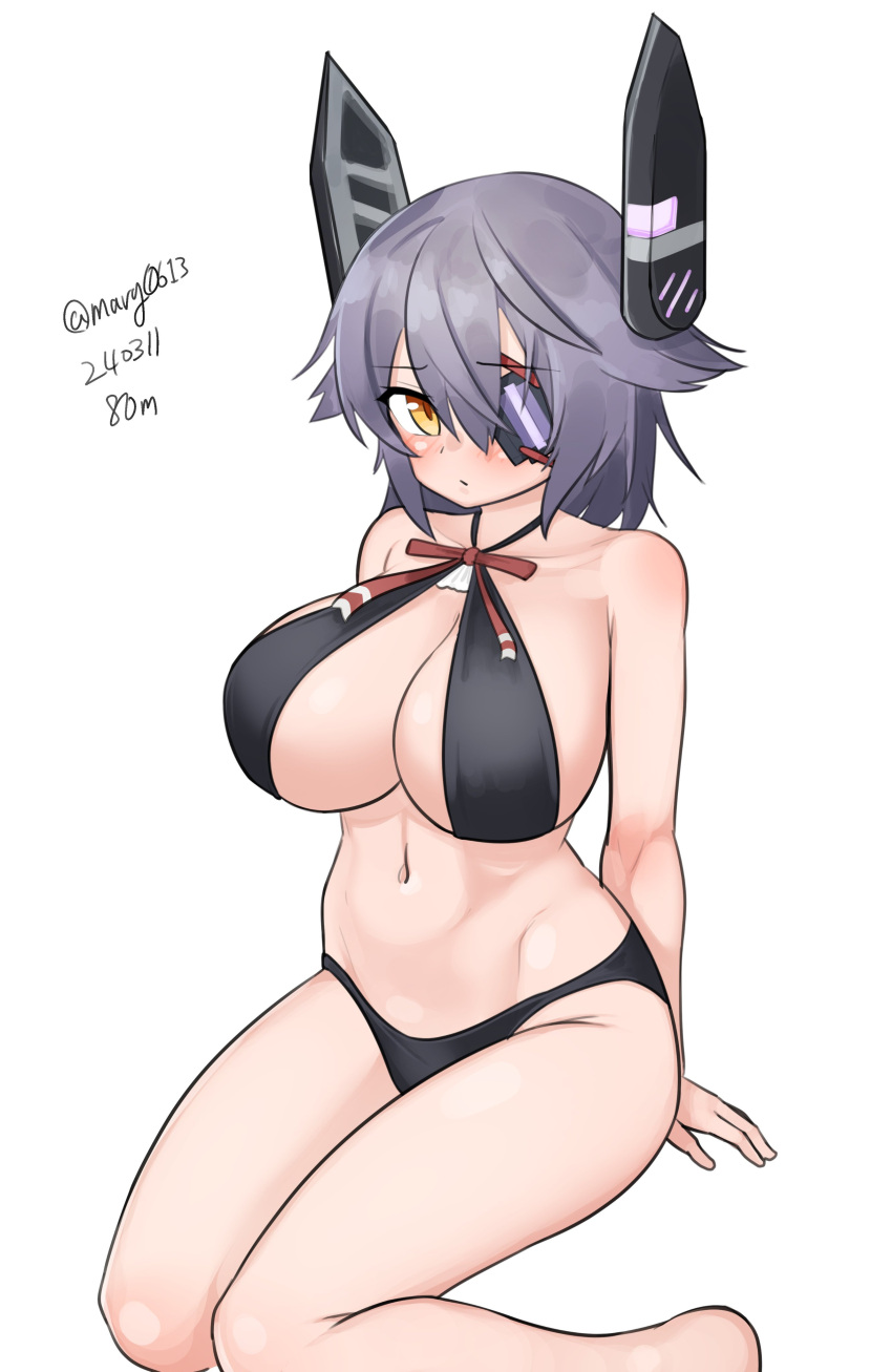 1girl absurdres alternate_costume bare_shoulders barefoot bikini black_bikini blush breasts cleavage closed_mouth commentary_request criss-cross_halter dated eyepatch feet foot_out_of_frame halterneck highres kantai_collection large_breasts maru_(marg0613) navel one-hour_drawing_challenge purple_hair short_hair simple_background solo swimsuit tenryuu_(kancolle) twitter_username white_background yellow_eyes