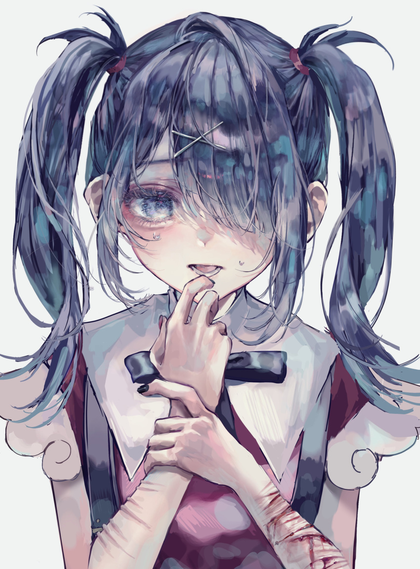 1girl absurdres aegyo_sal ame-chan_(needy_girl_overdose) black_hair black_nails black_ribbon bleeding blood blood_on_arm collared_shirt cuts grey_eyes hair_ornament hair_over_one_eye hand_on_own_wrist hands_up highres injury long_hair looking_at_viewer nail_polish neck_ribbon needy_girl_overdose nervous nervous_sweating open_mouth red_nails red_shirt ribbon scar scar_on_arm self-harm self-harm_scar shirafu_(shirafu42) shirt simple_background solo suspenders sweat twintails upper_body white_background x_hair_ornament