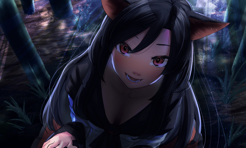 1girl animal_ears blush breasts brooch brown_hair cleavage dress fang forest from_above imaizumi_kagerou jewelry long_hair long_sleeves looking_at_viewer medium_breasts nature open_mouth red_eyes skirt smile solo tail tenamaru touhou wide_sleeves wolf_ears wolf_tail