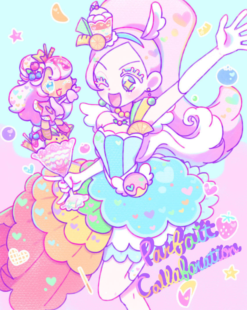2girls absurdres animal_ears bare_shoulders berry boots choker cookie_run crossover cure_parfait dress earrings elbow_gloves english_text food food-themed_hair_ornament fruit gloves hair_ornament headband highres horse_ears jewelry kirakira_precure_a_la_mode kiwi_(fruit) leaf lemon long_hair multicolored_eyes multiple_girls name_connection one_eye_closed orange_(fruit) outstretched_arm parfait parfait_cookie pastel_(cuuute_things) pearl_choker pearl_earrings pink_hair ponytail precure strapless strapless_dress tail trait_connection white_footwear white_gloves white_tail white_wings wings