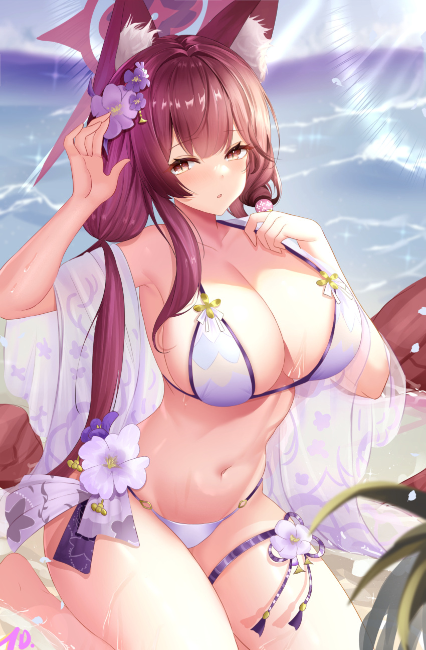 1girl animal_ear_fluff animal_ears bikini black_hair blue_archive blush breasts brown_eyes cleavage collarbone day flower fox_ears hair_flower hair_ornament halo highres large_breasts long_hair looking_at_viewer nanoda002_(saber427) navel official_alternate_costume outdoors parted_lips purple_bikini purple_flower red_halo solo swimsuit thigh_strap wakamo_(blue_archive) wakamo_(swimsuit)_(blue_archive)