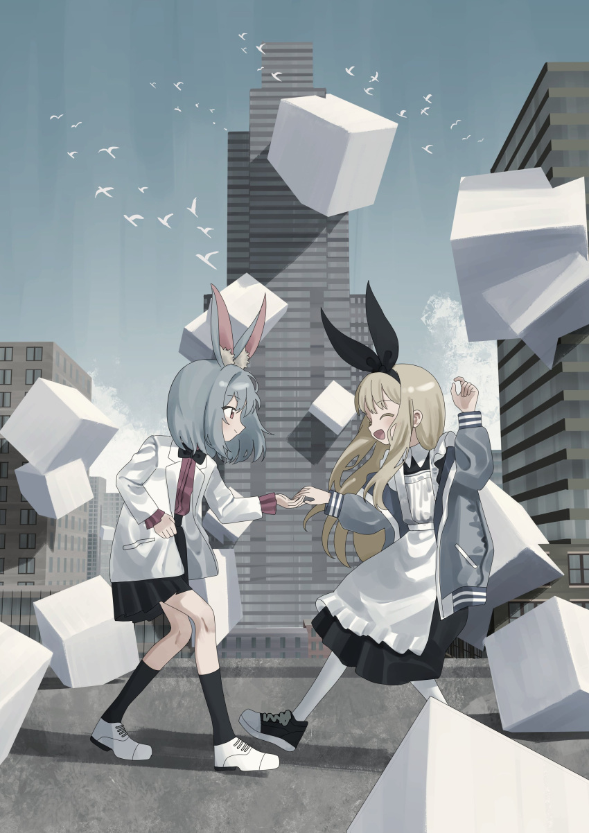 2girls :d absurdres animal_ear_fluff animal_ears apron bird black_bow black_footwear black_necktie black_ribbon black_skirt black_socks blonde_hair bow bow_hairband building closed_eyes collared_shirt cube day dress frilled_apron frills grey_hair grey_jacket hairband highres holding_hands jacket kneehighs long_hair long_sleeves looking_at_another medium_hair multiple_girls necktie numamomi open_clothes open_jacket open_mouth original outdoors pantyhose pleated_skirt rabbit_ears red_eyes red_shirt ribbon shirt shoes short_hair sidelocks skirt sky skyscraper smile sneakers socks standing white_apron white_bird white_footwear white_jacket white_pantyhose