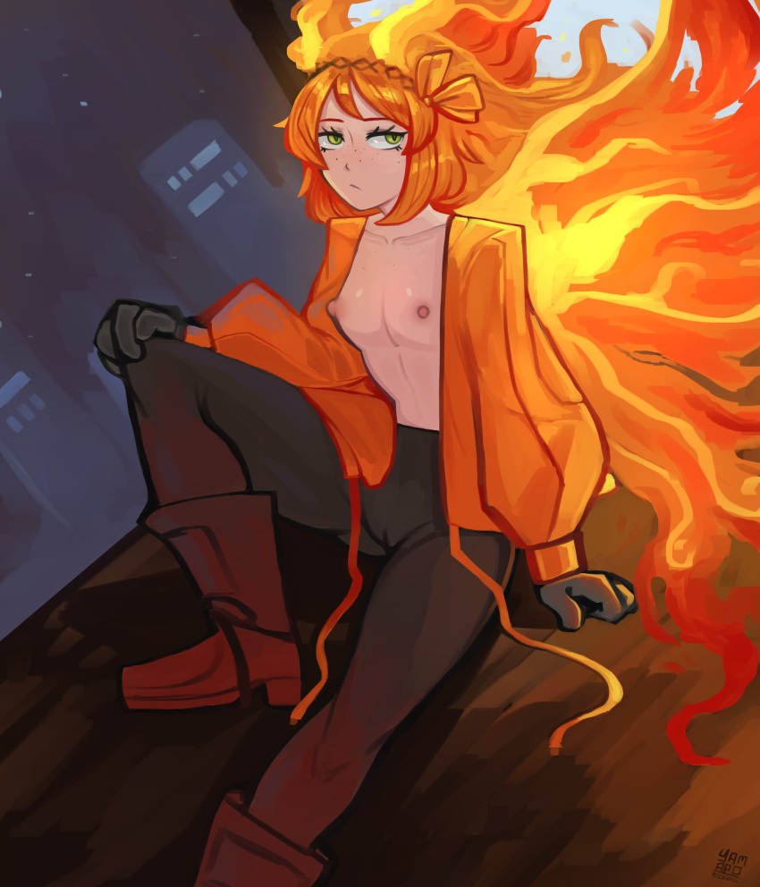 1girl absurdres boots breasts cityscape fiery_hair fire freckles gloves green_eyes highres ishmael_(project_moon) lace limbus_company nipples orange_hair pants project_moon sitting small_breasts unamused yamapollogee