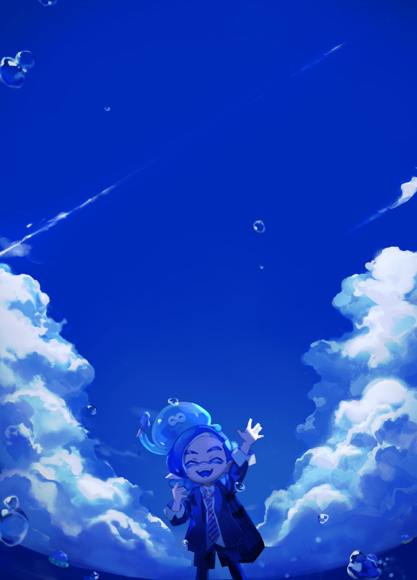 1boy :d ^_^ air_bubble arm_up bag black_shorts blue_cardigan blue_hair blue_sky bubble cardigan closed_eyes cloud cloudy_sky collared_shirt cowboy_shot eyebrow_cut fangs food highres holding holding_food holding_popsicle inkling inkling_boy inkling_player_character jellyfish_(splatoon) male_focus necktie open_cardigan open_clothes open_mouth pointy_ears ponytail popsicle scenery school_uniform shirt shorts shoulder_bag sky sleeves_rolled_up smile splatoon_(series) striped_necktie tentacle_hair waving white_shirt zzz30m