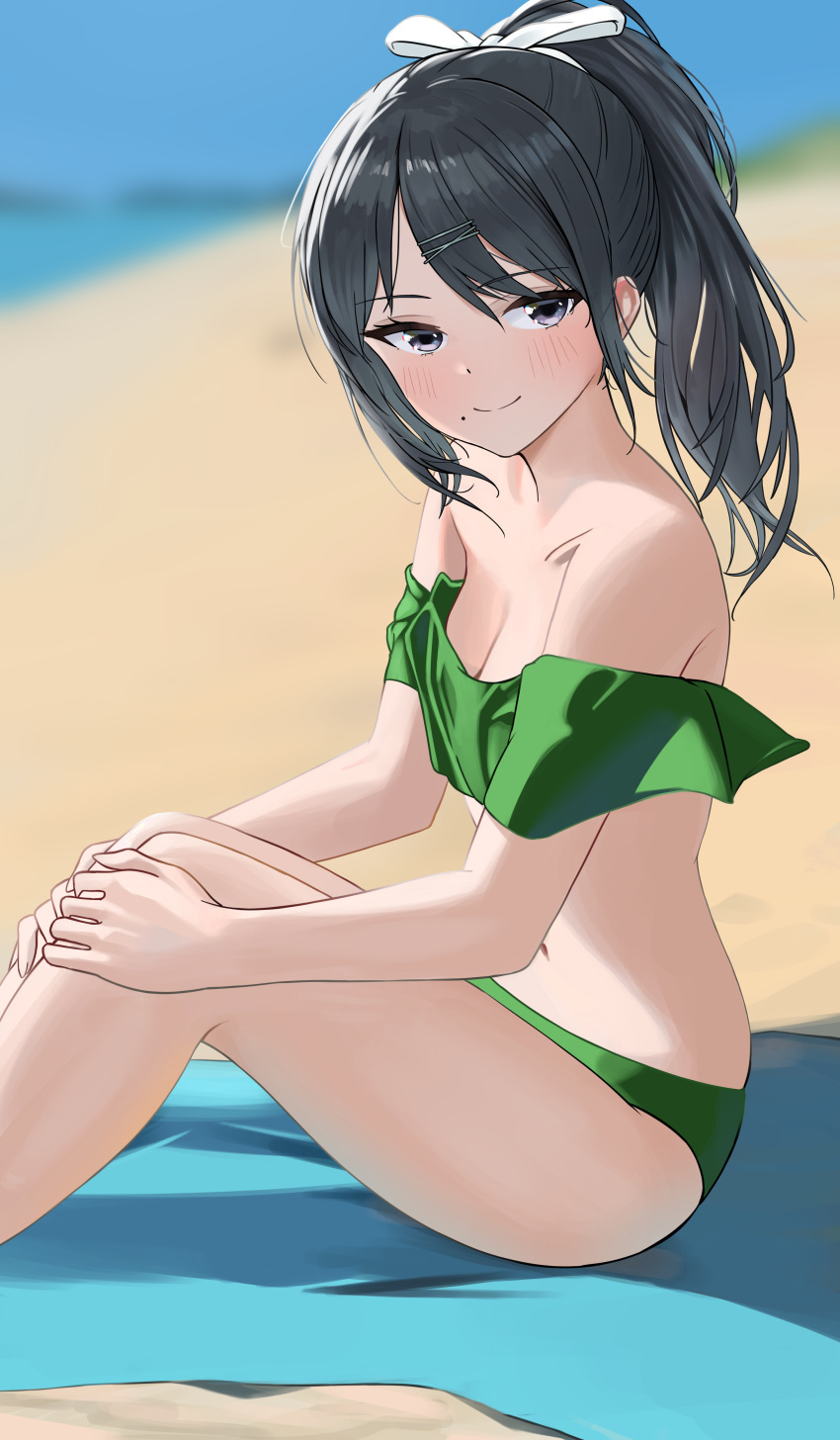 1girl absurdres bare_legs bikini black_hair blurry blurry_background blush breasts cleavage feet_out_of_frame green_bikini hair_ribbon highres idolmaster idolmaster_shiny_colors kazano_hiori knees_up legs_together looking_at_viewer looking_to_the_side mole mole_under_mouth navel outdoors pdal_(pdalhhh) ponytail purple_eyes ribbon sitting small_breasts smile solo stomach swimsuit