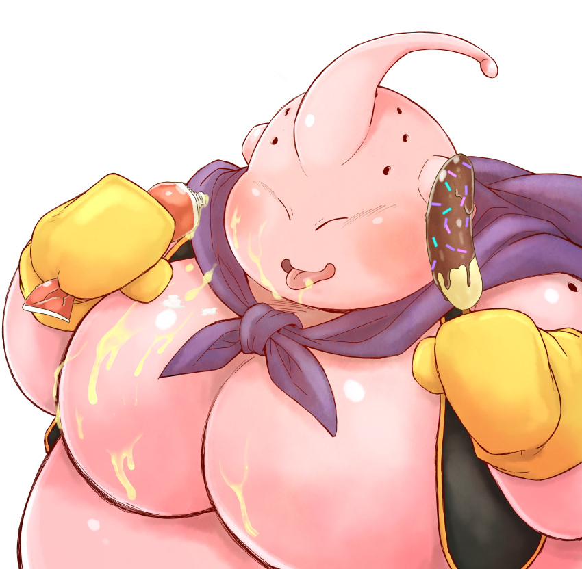 absurd_res alien banana belly blush chiro_(artist) chocolate_banana dragon_ball dragon_ball_z food food_fetish fruit hi_res majin majin_buu male moobs overweight pink_body plant pupils slit_pupils solo suggestive suggestive_food