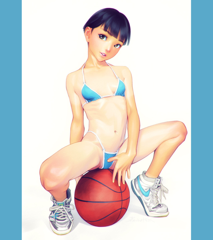 1girl ball basketball_(object) bikini black_hair blunt_bangs breasts brown_eyes fumichika_mori highres navel original shoes short_hair simple_background sitting_on_ball small_breasts sneakers squatting swimsuit white_background