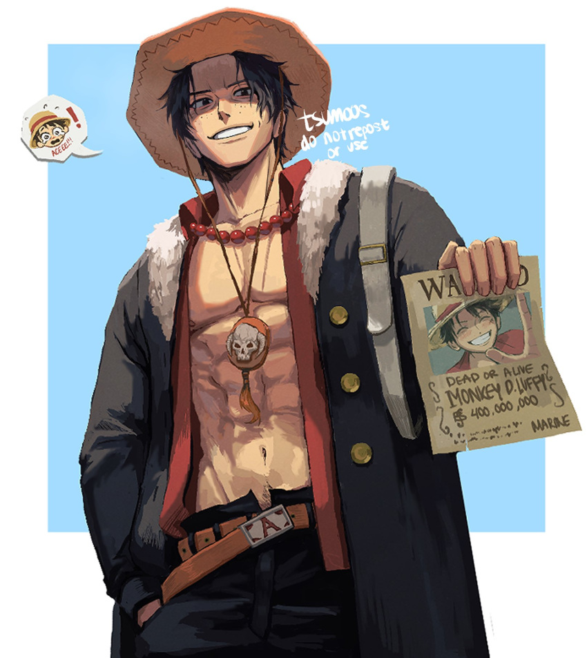 ! 1boy abs artist_name bag belt black_coat black_eyes black_hair black_shorts blue_background border buttons coat collared_shirt cowboy_shot english_commentary freckles hand_in_pocket hat highres holding holding_paper jewelry looking_at_viewer male_focus monkey_d._luffy necklace one_piece open_clothes open_shirt orange_belt orange_headwear orange_shirt paper portgas_d._ace shirt short_hair shorts shoulder_bag smile solo square straw_hat tsumoos wanted white_border