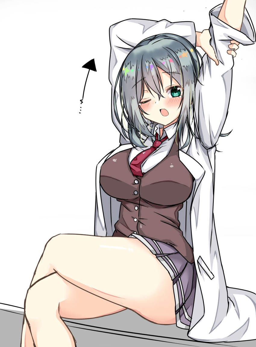 1girl ;o aqua_hair arms_up arrow_(symbol) blush breasts coat collared_shirt commentary_request crossed_bangs crossed_legs curvy feet_out_of_frame grabbing_own_arm green_eyes grey_skirt hair_between_eyes highres impossible_clothes lab_coat large_breasts long_hair long_sleeves looking_at_viewer miniskirt necktie one_eye_closed open_clothes open_coat open_mouth pleated_skirt raion_(inoueraion) red_necktie riddle_joker school_uniform shikibe_mayu shirt simple_background sitting skirt solo stretching tears thighs white_background white_shirt yawning