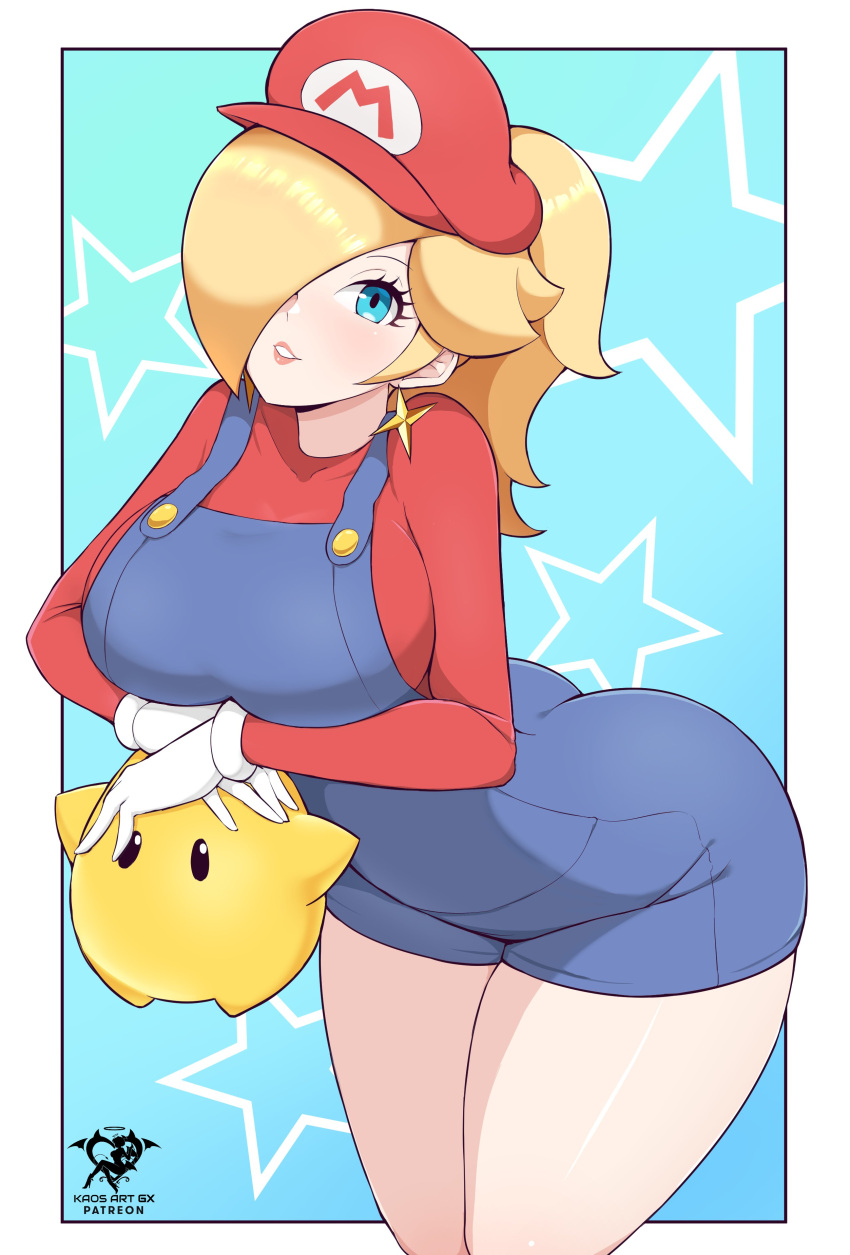 1girl absurdres aqua_background artist_logo ass blue_eyes blue_overalls breasts commentary cowboy_shot earrings hair_over_one_eye high_ponytail highres jewelry kaos_art large_breasts long_hair looking_at_viewer luma_(mario) mario_(series) overalls red_headwear red_shirt rosalina shirt star_(symbol) star_earrings super_mario_galaxy thighs