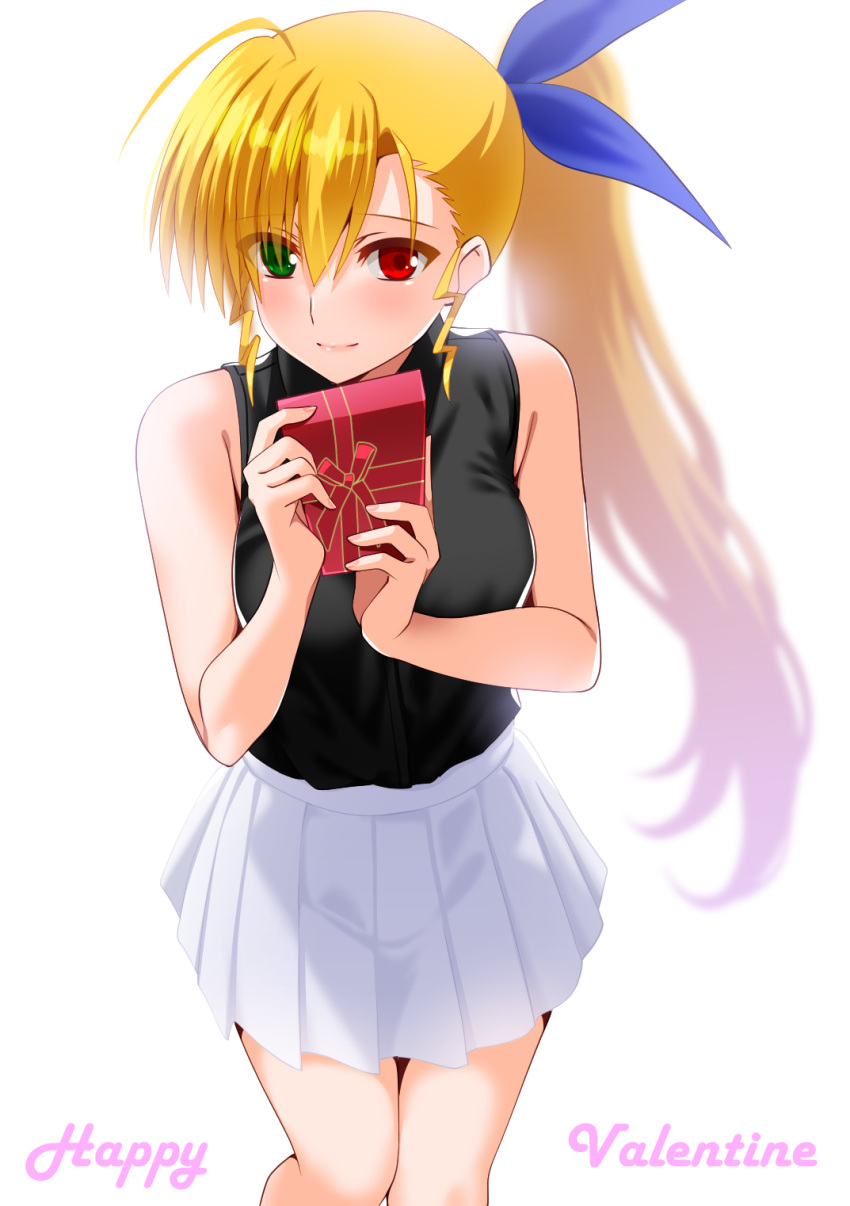 aged_up ahoge bare_shoulders black_shirt blonde_hair blue_ribbon blush box commentary_request engo_(aquawatery) gift gift_box green_eyes hair_ribbon happy_valentine heterochromia highres holding holding_gift long_hair looking_at_viewer lyrical_nanoha mahou_shoujo_lyrical_nanoha_strikers mahou_shoujo_lyrical_nanoha_vivid partial_commentary pleated_skirt red_eyes ribbon shirt side_ponytail sidelocks skirt sleeveless sleeveless_shirt valentine very_long_hair vivio white_skirt
