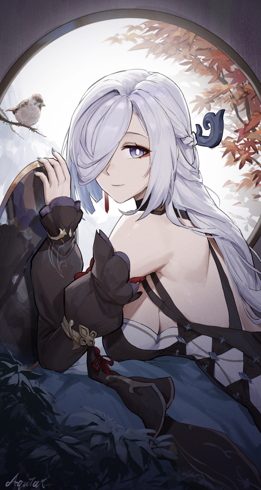 1girl absurdres aquilar artist_name averting_eyes back bare_back bare_shoulders bird black_sleeves breasts bright_pupils closed_mouth detached_sleeves film_grain genshin_impact grey_eyes grey_hair grey_nails hair_over_one_eye highres indoors long_hair looking_to_the_side lying medium_breasts official_alternate_costume official_alternate_hairstyle on_stomach round_window shenhe_(frostflower_dew)_(genshin_impact) shenhe_(genshin_impact) side-tie_dress sideboob sideless_dress smile solo upper_body white_pupils window