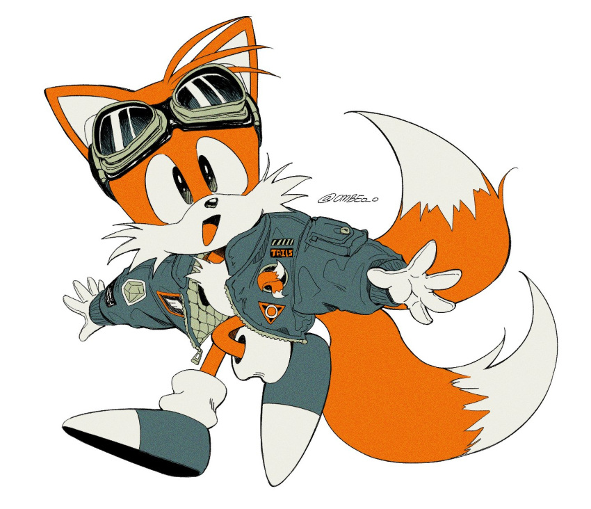 1boy animal_ears animal_nose artist_name black_eyes fox fox_boy fox_ears fox_tail furry gloves goggles goggles_on_head highres jacket long_sleeves ombeo_o open_clothes open_jacket open_mouth shoes simple_background solo sonic_(series) tail tails_(sonic) white_background white_gloves yellow_fur