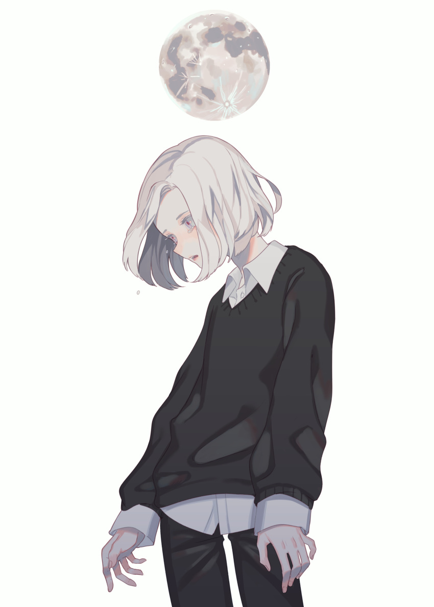 1boy absurdres black_pants black_sweater bob_cut collared_shirt commentary cowboy_shot crying crying_with_eyes_open full_moon grey_eyes highres kirudai long_sleeves looking_down male_focus moon open_mouth original pants parted_lips red_pupils shirt short_hair simple_background solo standing sweater symbol-only_commentary tears white_background white_hair white_shirt