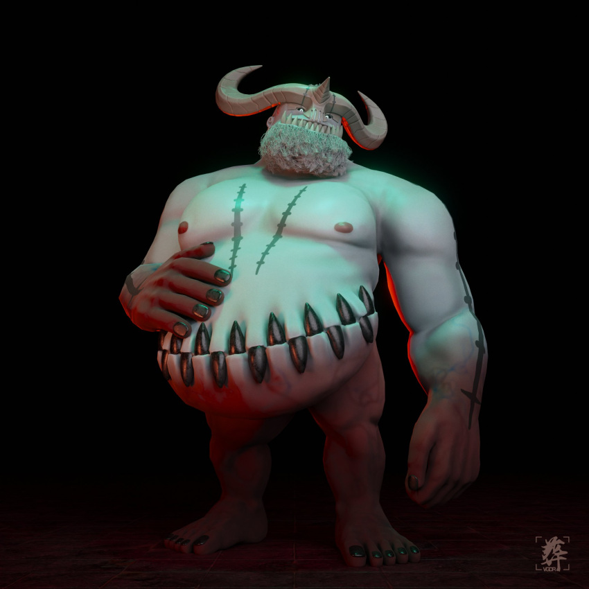 1boy 3d bara big_belly black_nails blood blood_on_hands colored_skin commission completely_nude curled_horns demon_boy demon_horns fat fat_man full_body grey_skin hand_on_own_stomach highres horns large_hands large_pectorals looking_at_viewer male_focus monster_boy multiple_horns muscular muscular_male nail_polish nipples nude pectorals sharp_teeth solo standing stomach_mouth strongman_waist teeth thick_arms toenail_polish toenails v.dghtr_(soevgdr)