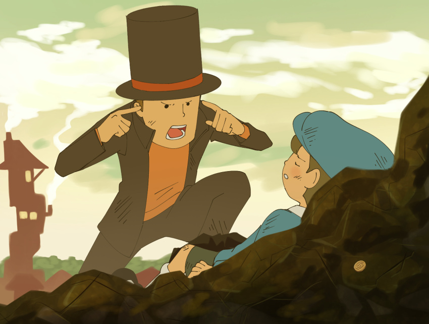 2boys barley_juice black_headwear black_jacket black_pants blue_headwear blue_shirt cabbie_hat closed_eyes cloud commentary day english_commentary full_body green_sky hat hershel_layton highres invincible_(series) jacket looking_at_another luke_triton meme multiple_boys open_clothes open_jacket open_mouth orange_shirt outdoors pants professor_layton ruins shirt smoke teeth think_mark_think!_(meme) top_hat