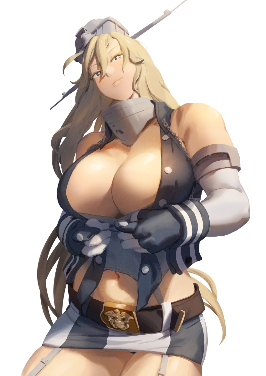 1girl absurdres blonde_hair blue_eyes breasts cleavage elbow_gloves garter_straps gloves hair_between_eyes hat headgear highres iowa_(kancolle) kantai_collection large_breasts long_hair skirt smile star-shaped_pupils star_(symbol) striped_clothes striped_skirt symbol-shaped_pupils vertical-striped_clothes vertical-striped_skirt ye_fan