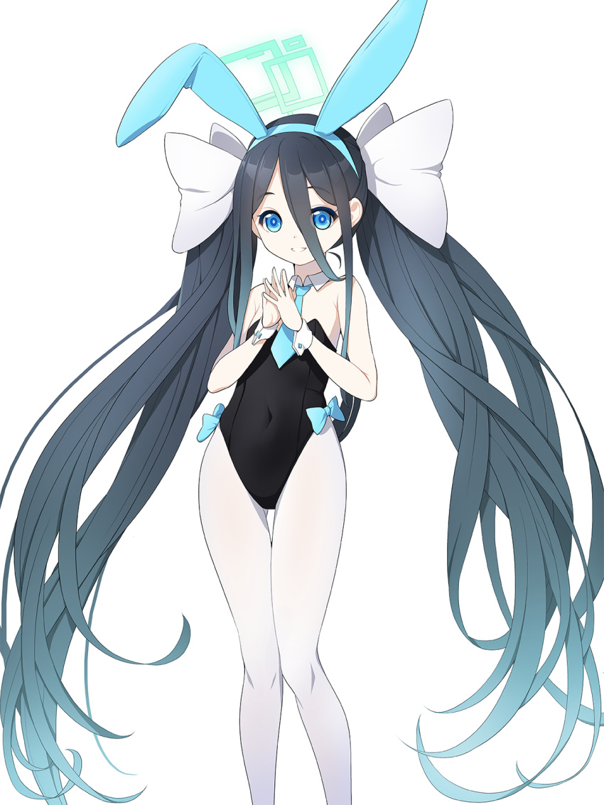 1girl animal_ears aris_(blue_archive) ass_visible_through_thighs bare_shoulders black_hair blue_archive blue_bow blue_eyes blue_hair blue_hairband blue_necktie bow collar commentary_request covered_navel detached_collar fake_animal_ears feet_out_of_frame gradient_hair hair_between_eyes hairband halo highres koflif leotard long_hair looking_at_viewer multicolored_hair necktie pantyhose playboy_bunny rabbit_ears simple_background smile solo standing steepled_fingers strapless strapless_leotard thigh_gap twintails very_long_hair white_background white_collar white_pantyhose wing_collar wrist_cuffs