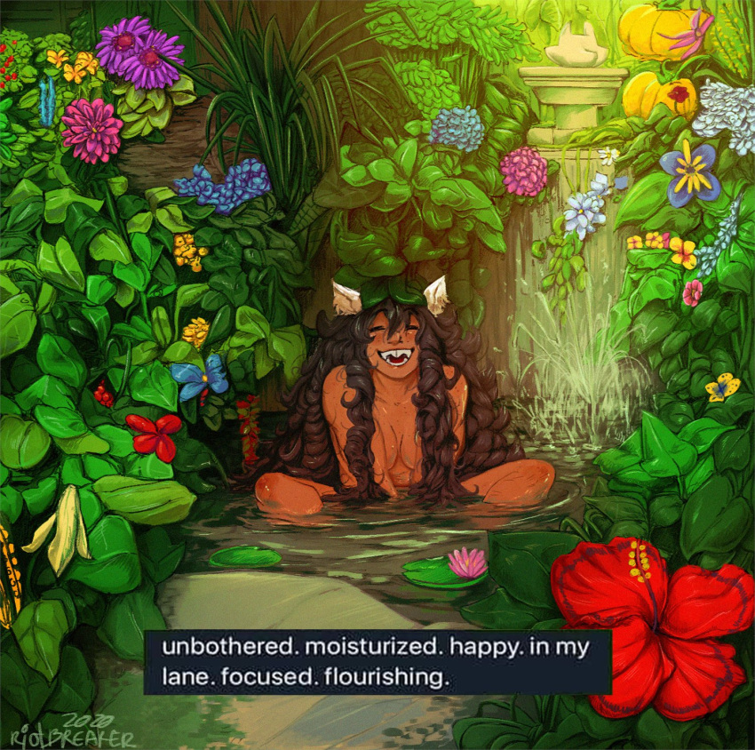 1girl animal_ears artist_name black_hair blue_flower cat_ears closed_eyes dark-skinned_female dark_skin dated english_commentary english_text flower highres homestuck jade_harley leaf lily_pad long_hair meme nude open_mouth partially_submerged plant purple_flower red_flower riotbreakerr smile solo water water_lily_flower yellow_flower