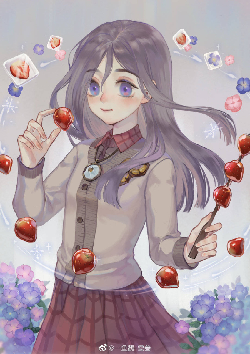 1girl buttons closed_mouth commentary_request flower food fruit grey_hair harry_potter:_magic_awakened harry_potter_(series) highres holding holding_food holding_wand ivy_warrington jewelry long_hair long_sleeves mian_mie necklace purple_eyes purple_flower red_skirt skirt smile solo straight_hair strawberry sweater wand white_sweater wizarding_world