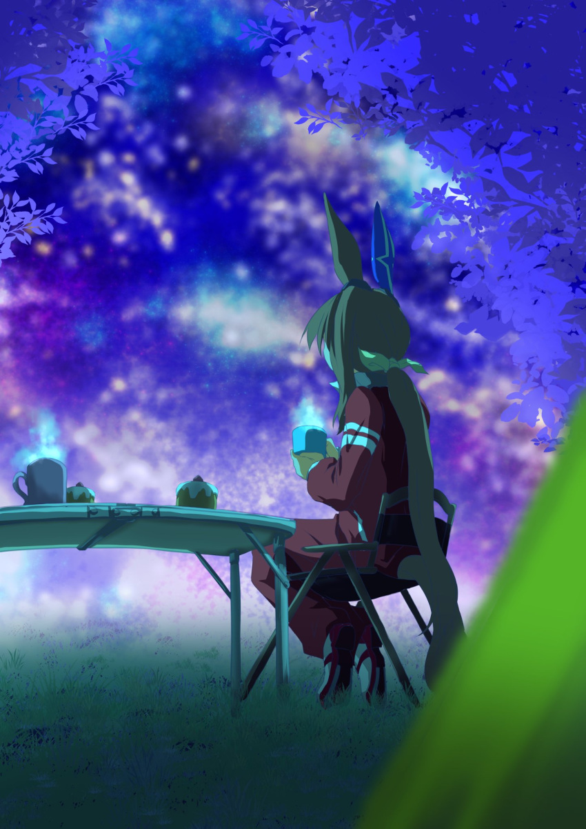 1girl admire_vega_(umamusume) animal_ears bow brown_hair cake cup ear_covers food hair_bow highres horse_ears horse_girl horse_tail jacket leaf long_hair long_sleeves looking_ahead low_ponytail mug pants ponytail purple_eyes red_jacket red_track_suit single_ear_cover sky solo star_(sky) tail tracen_training_uniform track_jacket track_pants track_suit umamusume white_bow zukki_(bijitaru)