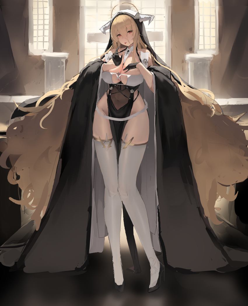 1girl absurdres altar arch azur_lane bare_shoulders black_footwear black_gloves blonde_hair breasts church cleavage cross fake_horns gloves habit hair_between_eyes highres horns huge_breasts implacable_(azur_lane) indoors large_breasts long_hair looking_at_viewer lump_saury nun pelvic_curtain pillar red_eyes revealing_clothes solo thighhighs veil very_long_hair white_horns white_thighhighs window