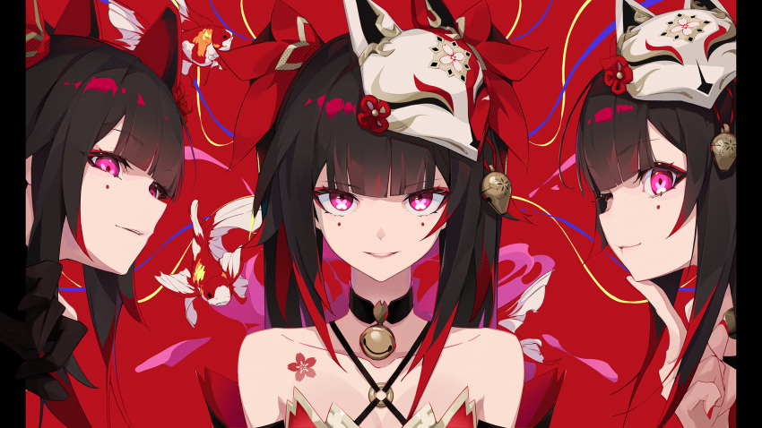 bare_shoulders bell black_choker black_hair blunt_bangs chinese_commentary choker clone collarbone commentary_request facial_mark finger_to_own_chin fish flower_tattoo fox_mask goldfish hair_ornament heitian_keji highres honkai:_star_rail honkai_(series) jingle_bell looking_at_viewer making-of_available mask mask_on_head multicolored_hair nail_polish neck_bell one_eye_closed parted_lips pillarboxed pink_eyes red_eyes red_hair red_nails sidelocks sparkle_(honkai:_star_rail) streaked_hair symbol-shaped_pupils tattoo teeth two-tone_hair upper_body upper_teeth_only variant_set