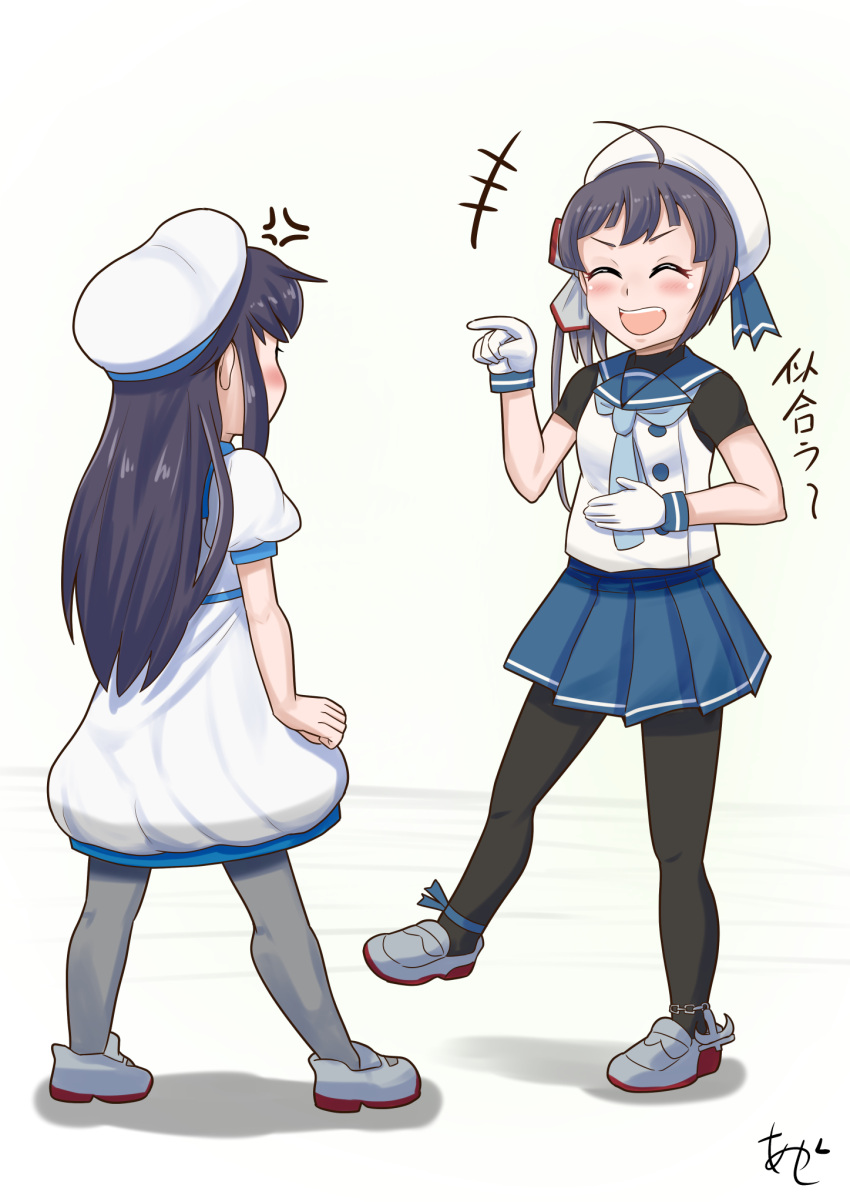 +++ ahoge akashieru akatsuki_(kancolle) anger_vein black_hair black_pantyhose blue_neckerchief blue_sailor_collar blue_skirt closed_eyes cosplay cut_bangs fujinami_(kancolle) full_body gloves gradient_hair grey_pantyhose hair_ribbon hat highres kaiboukan_no._30_(kancolle) kantai_collection laughing long_hair multicolored_hair neckerchief pantyhose pleated_skirt pointing ribbon sado_(kancolle) sado_(kancolle)_(cosplay) sailor_collar sailor_hat school_uniform serafuku shirt side_ponytail simple_background skirt sleeveless sleeveless_shirt undershirt white_background white_gloves white_headwear