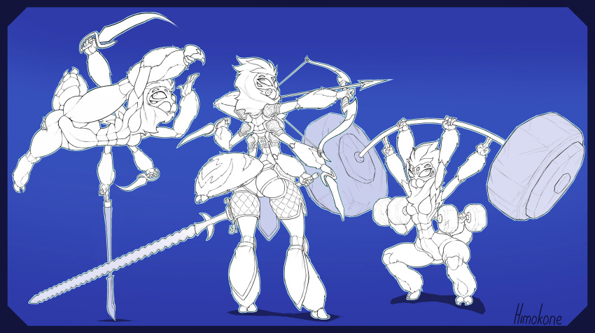 6_arms 8_eyes abs anthro arachnid arthropod arthropod_abdomen blue_background bow_(weapon) breasts butt crouching dagger featureless_breasts featureless_crotch female hi_res himokone holding_bow_(weapon) holding_dagger holding_object holding_sword holding_weapon melee_weapon multi_arm multi_eye multi_limb neck_tuft ranged_weapon rear_view simple_background small_breasts solo spider sword thick_thighs tuft weapon wide_hips