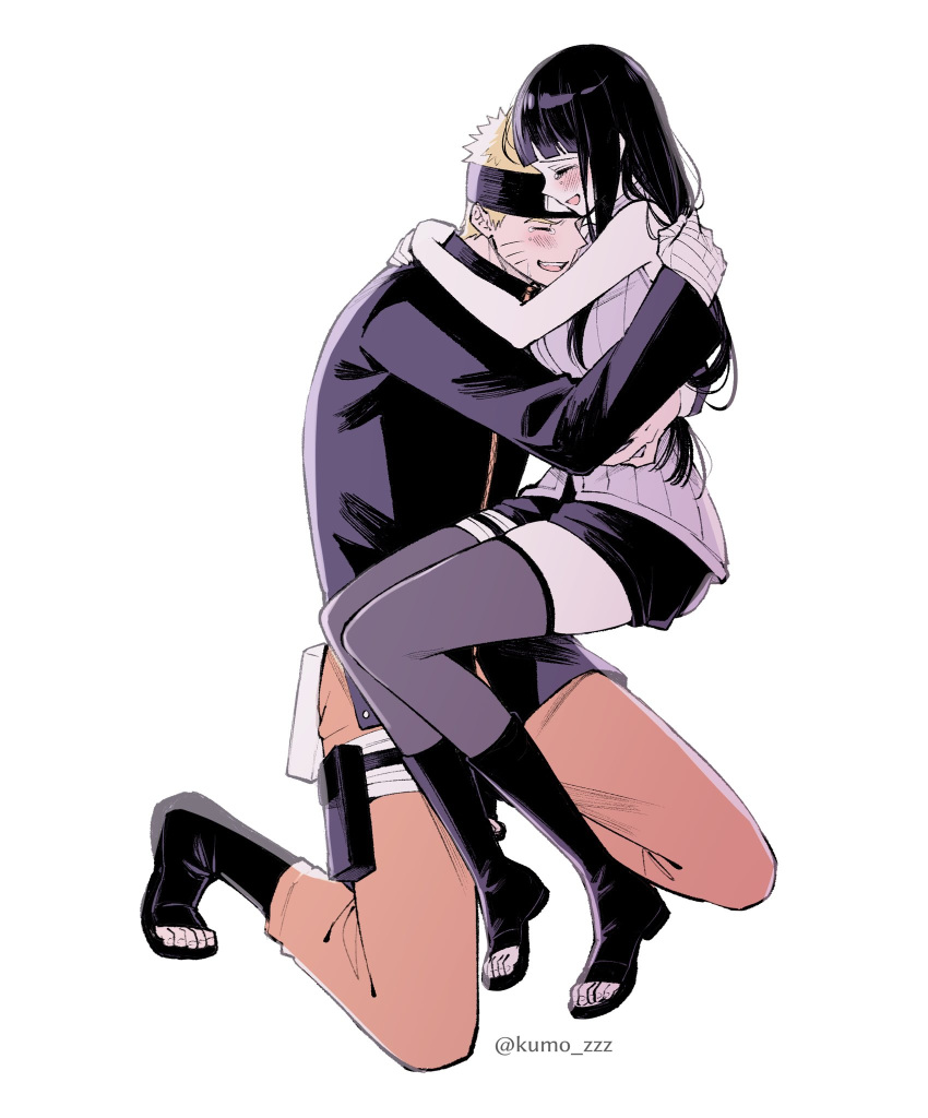 1boy 1girl black_footwear black_hair black_jacket black_thighhighs blonde_hair boots breasts closed_eyes couple hetero highres hug hyuuga_hinata jacket large_breasts long_hair long_sleeves maid_headdress naruto:_the_last naruto_(series) orange_pants pants purple_jacket short_hair simple_background sleeveless sleeveless_jacket spiked_hair tears thighhighs ting uzumaki_naruto white_background