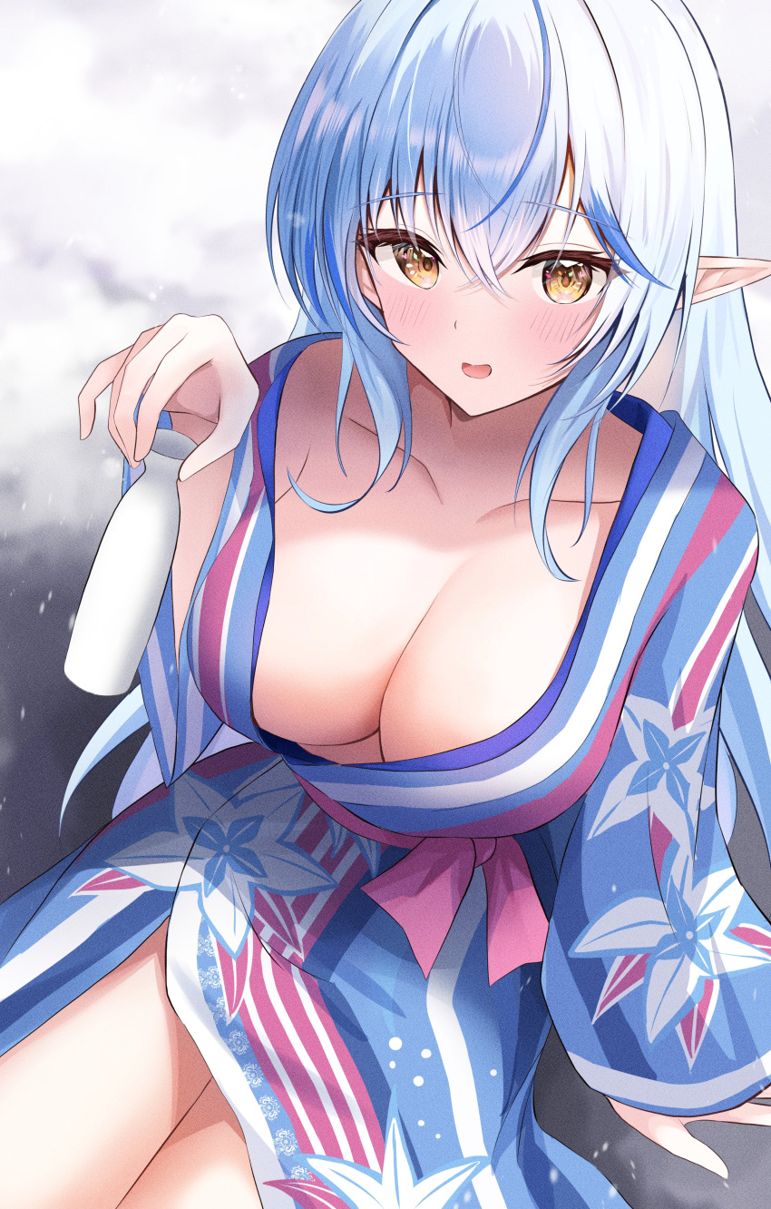 1girl absurdres blue_hair blue_kimono blush breasts colored_tips elf floral_print hair_between_eyes highres hololive japanese_clothes kimono large_breasts long_hair long_sleeves looking_at_viewer multicolored_hair onabe_no_shime open_clothes open_kimono open_mouth pointy_ears sitting snow solo streaked_hair tokkuri very_long_hair virtual_youtuber yellow_eyes yukihana_lamy