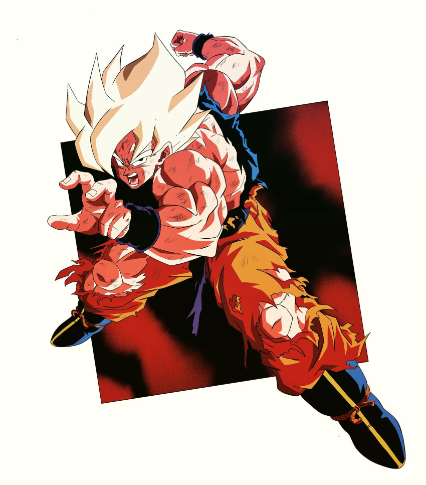 1boy absurdres ankle_boots battle_damage blonde_hair blue_sash boots dragon_ball dragon_ball_z fighting_stance full_body green_eyes highres injury looking_at_viewer male_focus muscular muscular_male official_style oharu2000 open_mouth orange_pants pants sash shirt solo son_goku spiked_hair super_saiyan super_saiyan_1 toriyama_akira_(style) torn_clothes torn_pants torn_shirt wristband