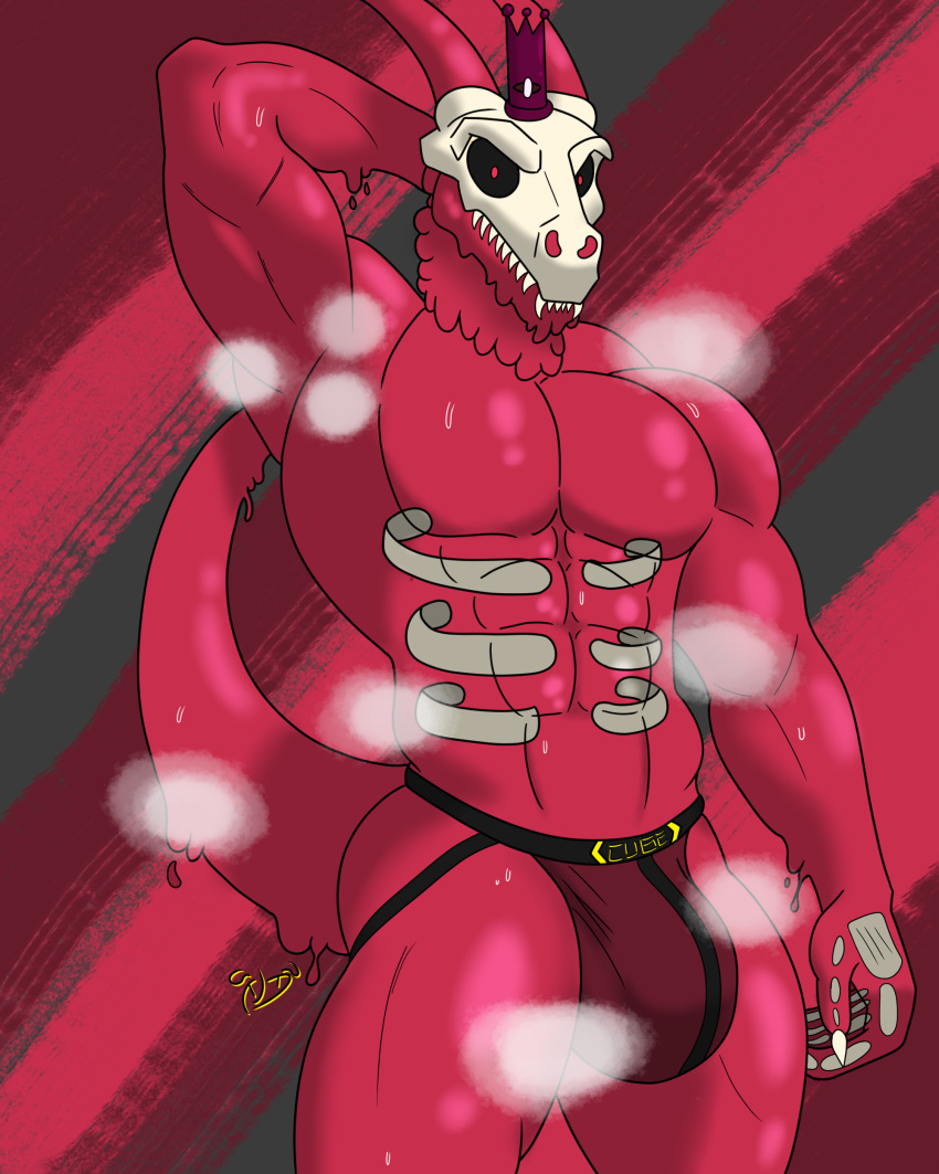 absurd_res anthro armpit_up bodily_fluids bone clothing crown dragon goo_creature headgear hi_res history jockstrap kingvoyager male mostly_nude musk mythological_creature mythological_scalie mythology nexusdeathclaw pink_body scalie skull skull_head solo sweat underwear