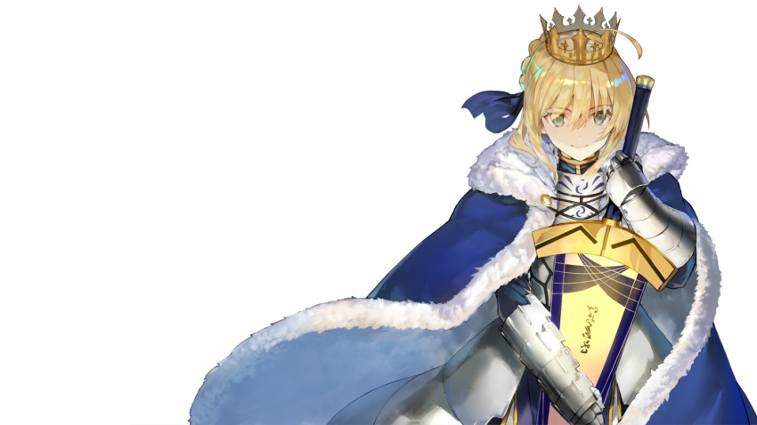 ahoge armor armored_dress artoria_pendragon_(fate) blonde_hair blue_pantyhose braid braided_bun caliburn_(fate) excalibur_(fate/stay_night) fate/grand_order fate/stay_night fate_(series) french_braid gauntlets green_eyes hair_bun hair_through_headwear pantyhose saber_(fate) single_hair_bun sword weapon