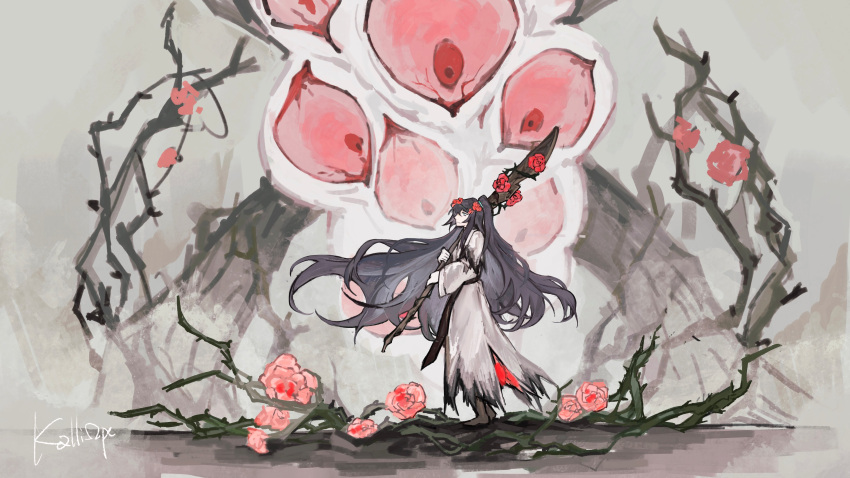 1boy absurdres black_hair branch cloak extra_eyes flower full_body half_updo highres holding holding_staff hong_lu_(project_moon) kalliope_orc limbus_company long_hair project_moon red_eyes red_flower red_rose rose sash sign_of_roses solo staff stole thorns very_long_hair white_cloak