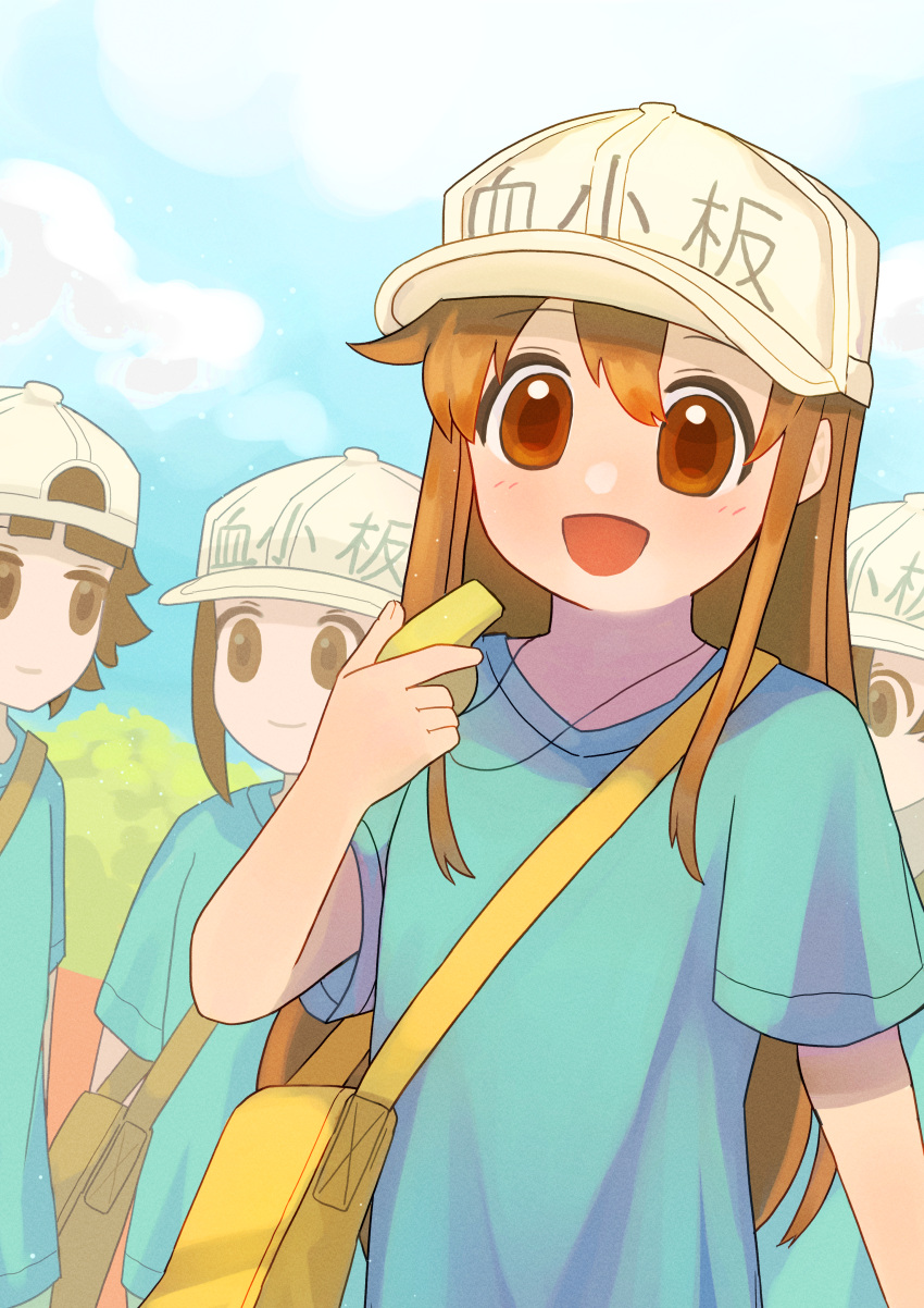 4girls absurdres backwards_hat bag blue_shirt blue_sky brown_eyes brown_hair cloud commentary hat hataraku_saibou highres holding holding_whistle long_hair medium_hair multiple_girls personification platelet_(hataraku_saibou) shirt short_hair shoulder_bag sky translation_request tree user_fuxf8887 whistle whistle_around_neck white_hat yellow_bag