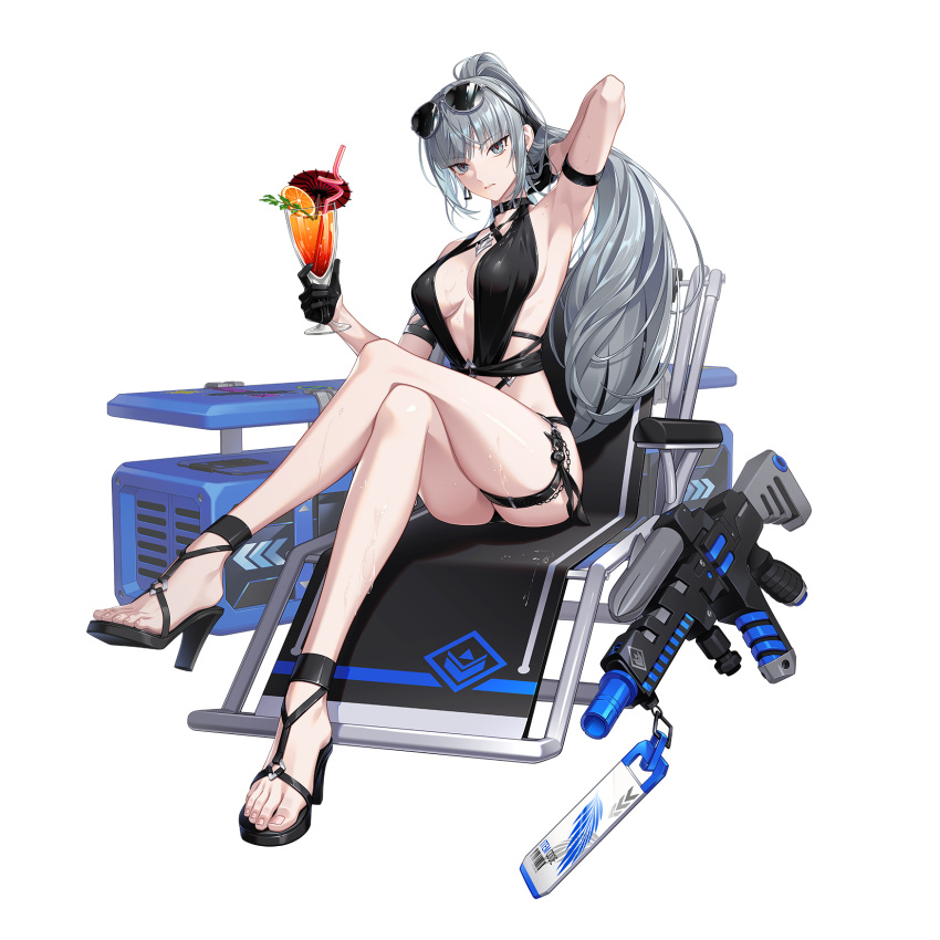 1girl arm_behind_head arm_strap arm_up armpits assault_rifle bare_shoulders bikini black_bikini black_choker black_dress black_footwear black_gloves black_panties black_survival breasts breasts_apart chair choker collarbone crossed_legs cup deck_chair dress earrings eternal_return:_black_survival eyewear_on_head feet food fruit full_body gloves green_eyes grey_hair gun half_gloves halterneck hand_up haze_(black_survival) high_heels highres holding holding_cup jewelry juice legs long_hair looking_at_viewer medium_breasts official_alternate_costume official_alternate_hairstyle official_art orange_(fruit) orange_juice panties ponytail rifle rocket_launcher sandals simple_background sitting solo strappy_heels sunglasses swimsuit thigh_strap thighs toenails toes transparent_background tube umbrella underwear very_long_hair weapon wet white_background