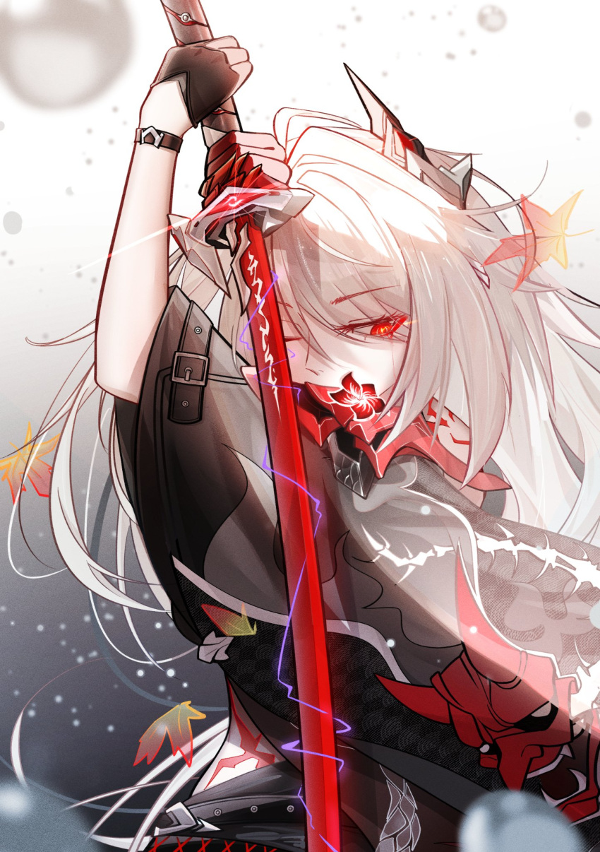 acheron_(honkai:_star_rail) armband black_armband blood blood_from_eyes gloves hair_ornament highres holding holding_sword holding_weapon honkai:_star_rail honkai_(series) katana leaf lingyuanyun long_sleeves red_eyes sword weapon white_hair