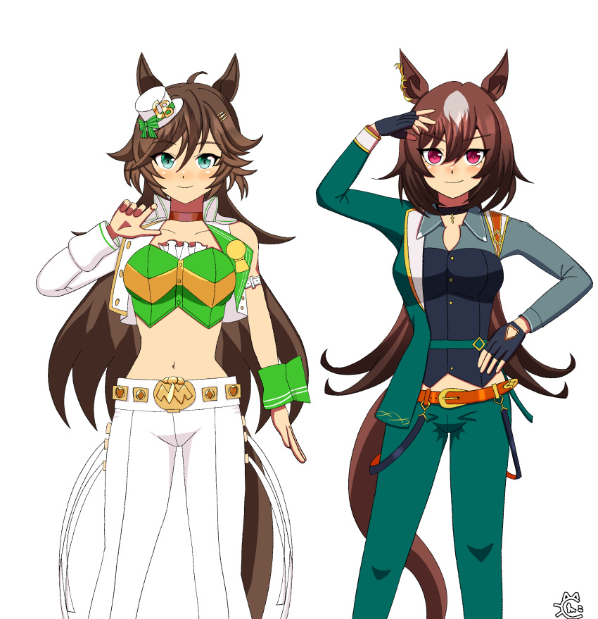 1girl absurdres ahoge animal_ears artist_name belt black_footwear blush breasts brown_belt brown_hair buruma choker clenched_hands collared_shirt color_neko_(user_yfvc3323) commentary_request cowboy_shot cropped_jacket ear_ornament feet_out_of_frame fingerless_gloves floating_hair gloves gradient-tinted_eyewear green_eyes green_jacket green_pants grey_shirt hair_between_eyes hair_ornament hairclip hat highres horse_ears horse_girl horse_tail jacket long_hair long_sleeves looking_at_viewer medium_breasts midriff midriff_peek mini_hat mini_top_hat mr._c.b._(umamusume) multicolored_hair navel one_eye_closed pants red_eyes round_teeth shirt signature simple_background single_sleeve single_wrist_cuff sirius_symboli_(umamusume) small_breasts smile solo strapless strapless_shirt streaked_hair tail teeth top_hat umamusume upper_body upper_teeth_only very_long_hair white_background white_hair white_jacket white_pants wrist_cuffs