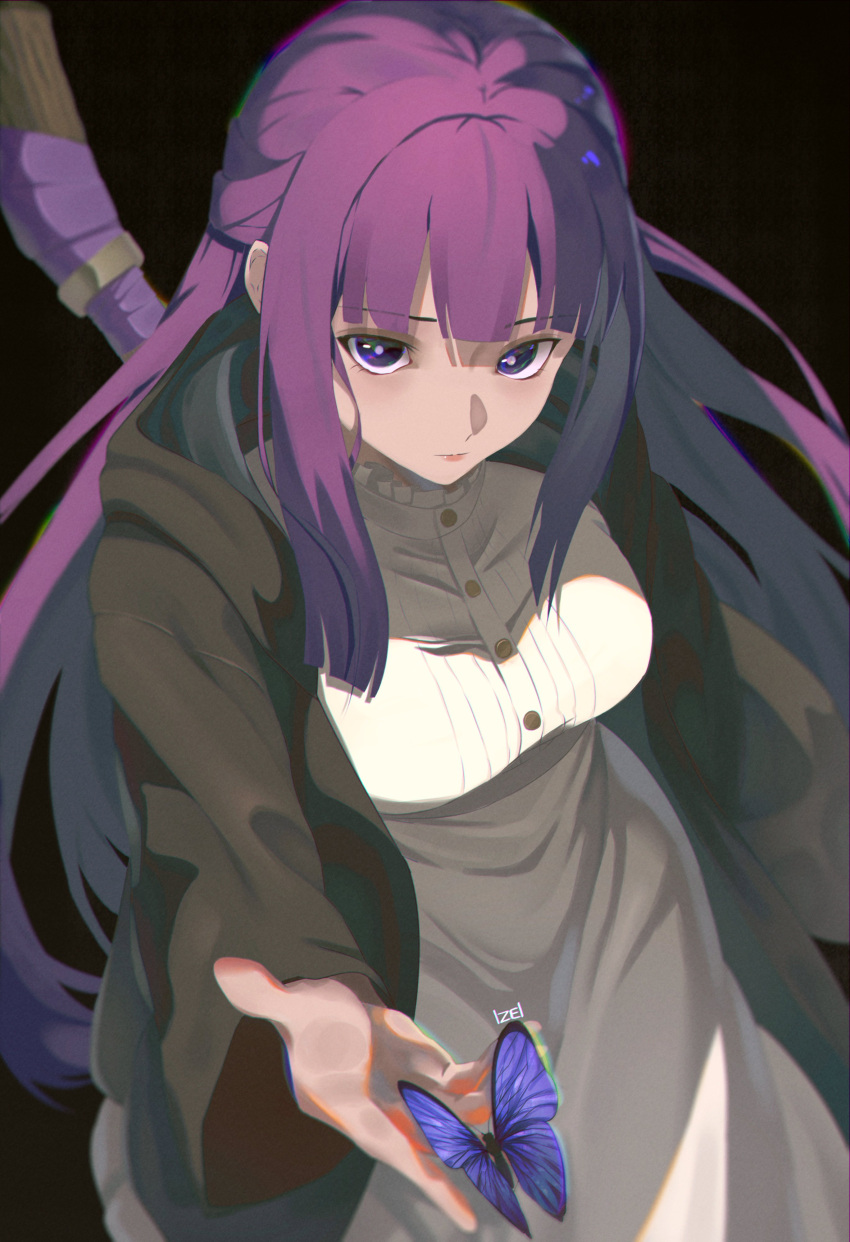 absurdres black_coat black_robe blunt_bangs blush bug butterfly closed_mouth coat dress fern_(sousou_no_frieren) from_above highres izei1337 long_hair long_sleeves looking_at_viewer mage_staff puffy_sleeves purple_eyes purple_hair purple_pupils robe sousou_no_frieren straight_hair white_dress
