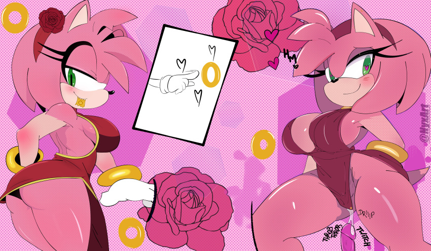 absurd_res amy_rose animal_humanoid anthro big_breasts blush bodily_fluids breasts butt clothed clothing eulipotyphlan female fur genital_fluids genitals gloves green_eyes hair handwear hedgehog hi_res humanoid looking_at_viewer mammal nyxartstation pink_body pussy sega sex simple_background smile solo sonic_the_hedgehog sonic_the_hedgehog_(series) tail thick_thighs wide_hips