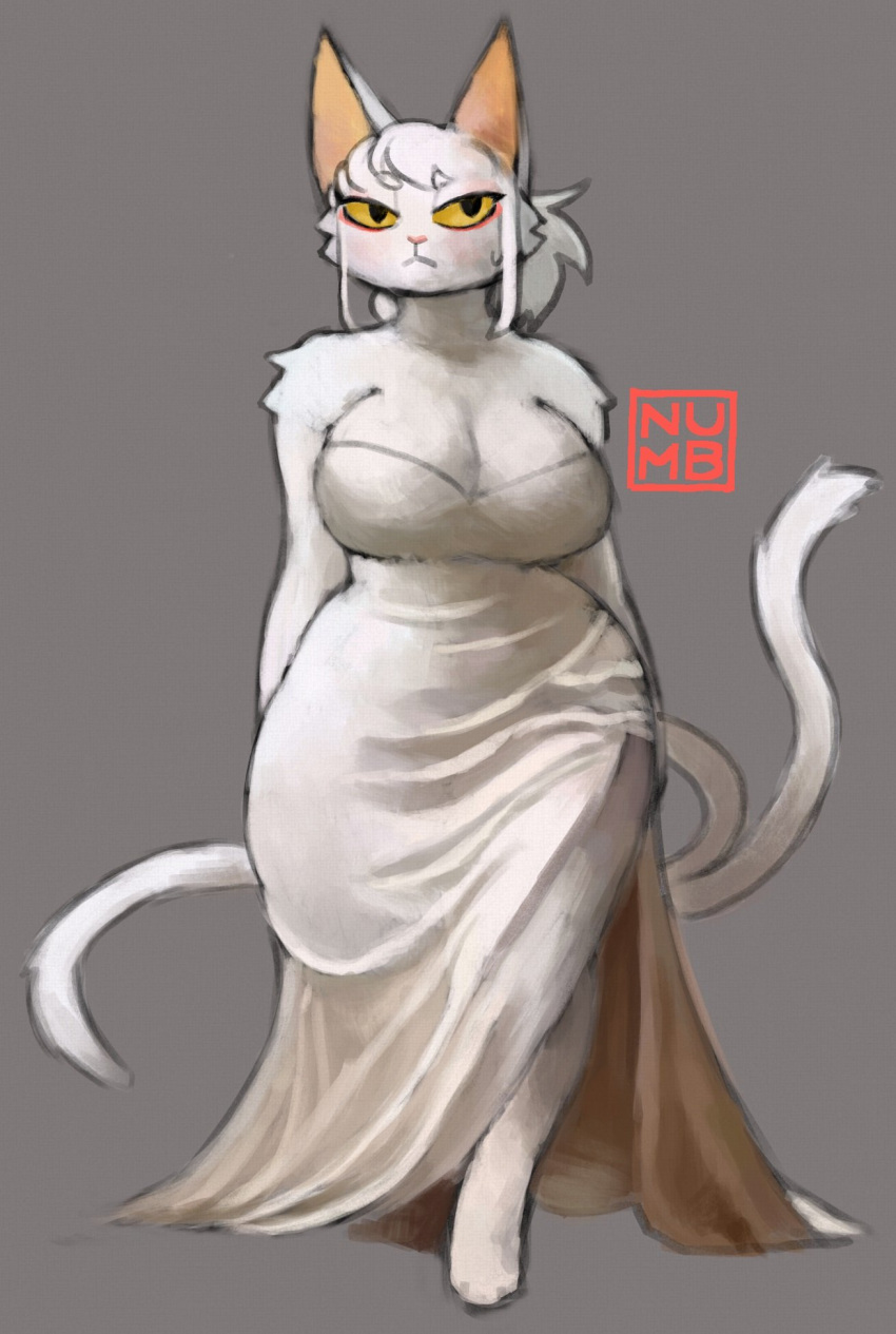 2024 anthro arm_tuft barefoot big_breasts breasts circle_eyebrows cleavage clothed clothing digital_media_(artwork) domestic_cat dress eyebrows feet felid feline felis female full-length_portrait fur grey_background hair hi_res looking_aside mammal mouth_closed multi_tail narrowed_eyes numberninelarge portrait raised_tail shoulder_tuft signature simple_background solo standing tail tan_inner_ear tuft white_body white_clothing white_dress white_face white_fur white_hair white_tail wide_hips yellow_sclera