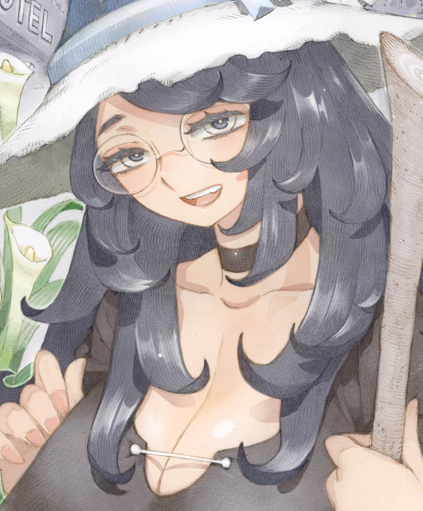 1girl black_choker black_eyes black_hair black_robe breasts choker cleavage glass hat highres holding holding_staff huge_breasts long_hair looking_at_viewer mature_female nishi_yoshiyuki open_mouth original rimless_eyewear robe round_eyewear smile solo staff teeth upper_body upper_teeth_only witch witch_hat