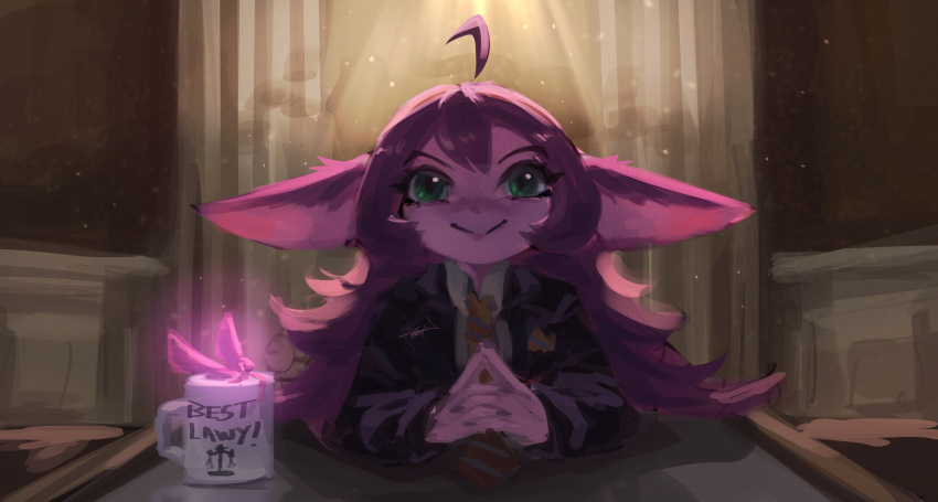 1girl absurdres ahoge animal_ears breaking_bad bug butterfly coffee_mug colored_skin cosplay cup english_commentary english_text green_eyes highres league_of_legends long_hair lulu_(league_of_legends) mug necktie pocket_square purple_hair purple_skin saul_goodman scene_reference signature smile solo sophyucha suit yordle